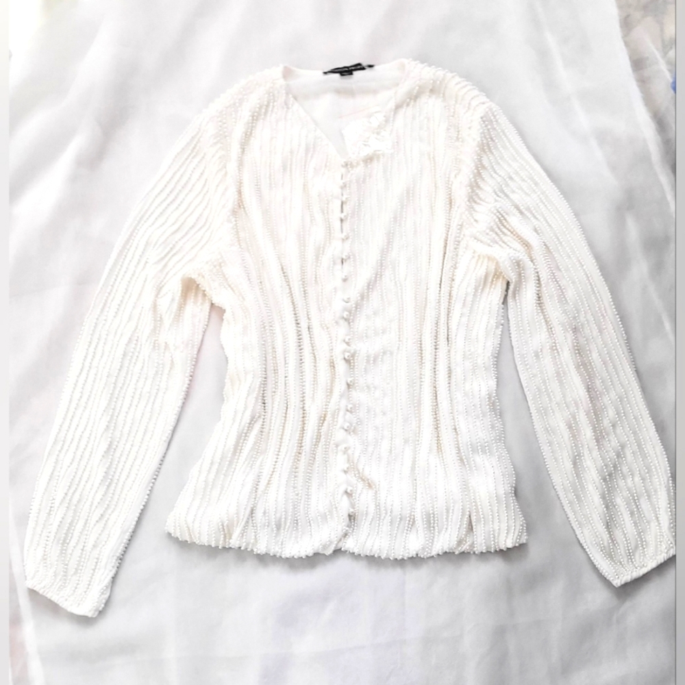 NWOT!Boston Proper Fall Chic White Cardigan Pearl Embellished Women's Top Medium
